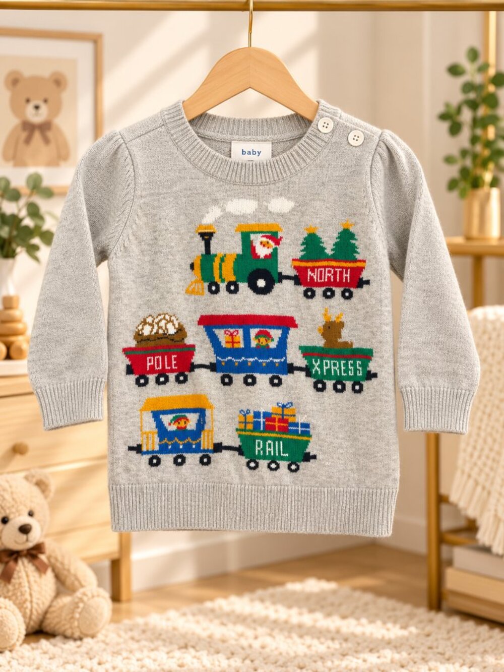 H&M Kids 5T/6 North Pole Express Christmas Train Knit Sweater Gray